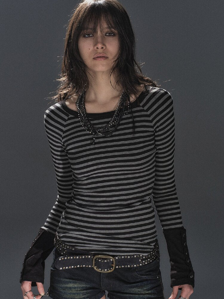 Striped Slim Punk Raglan T-Shirt【s0000016234】