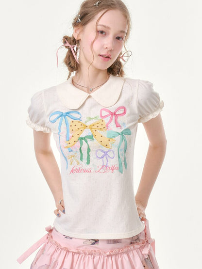 Puff Sleeve Bow Print T-Shirt【s0000016617】