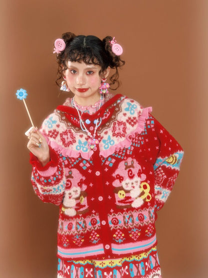 Red Fair Island Mink Knit Cardigan【s0000015591】