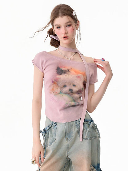 Puppy Print Slim Knitted Short T【s0000017671】