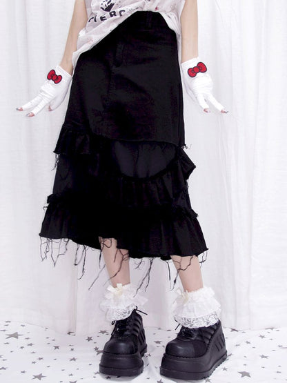 Tattered Black Denim Skirt【s0000013884】