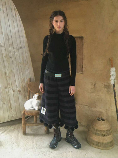 Striped Knit Furball Midi Slacks【s0000014900】