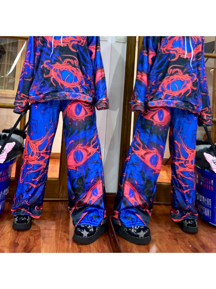 Blue Cell Plush Print Wide-Leg Pants【s0000014869】