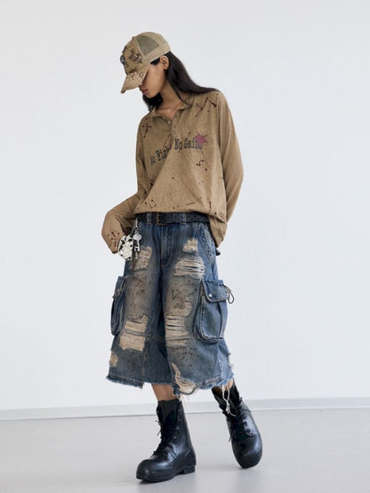 Washed and Ripped Denim Seven-Point Pants【s0000012476】