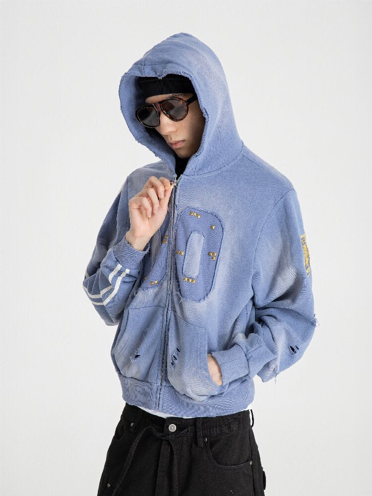 Embroidered Distressed Zipper Hoodie【s0000018569】