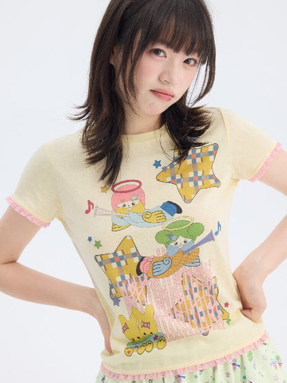 Star Angel Print Lace Short Sleeve Tee【s0000017696】