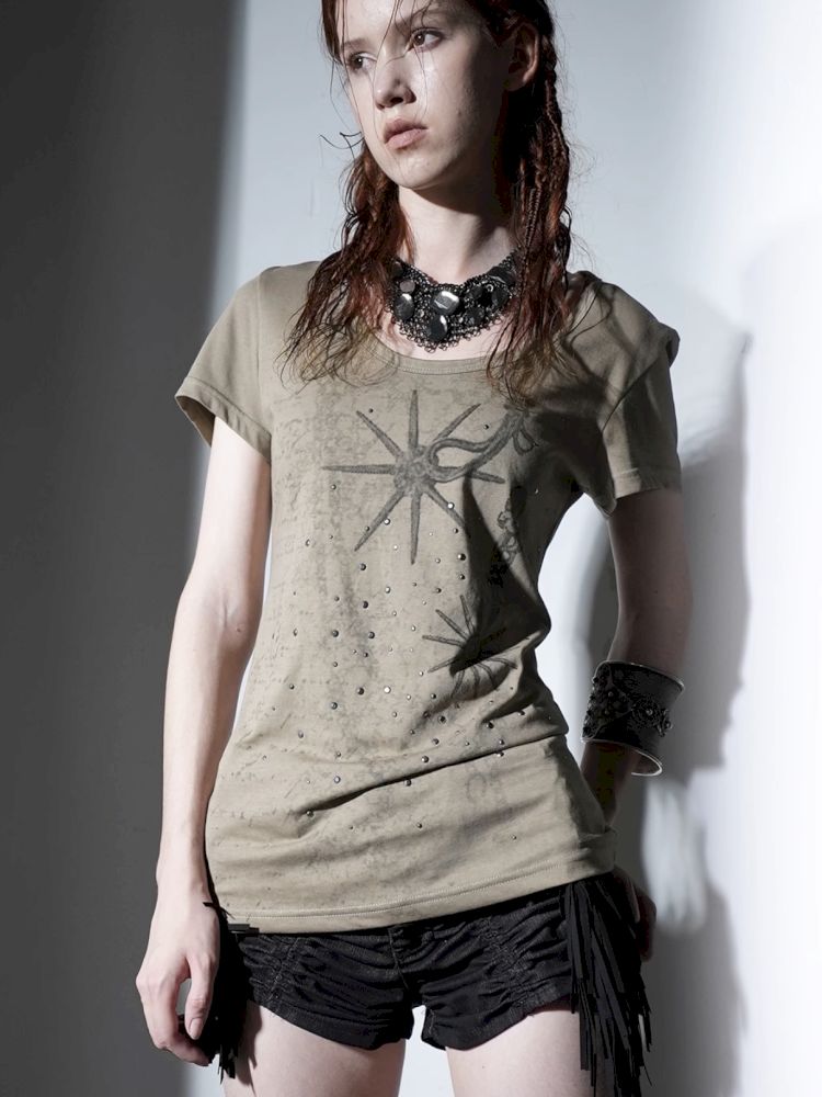 Basic Style Western Print Rhinestone T-Shirt【s0000012833】
