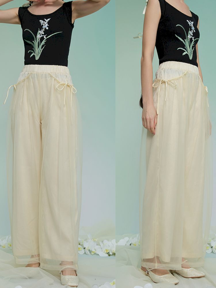 Jacquard mesh double wide-leg pants【s0000013595】