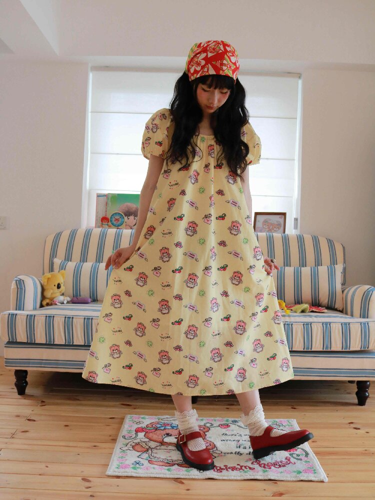 Bear Print Puff Sleeve Long Dress【s0000017512】