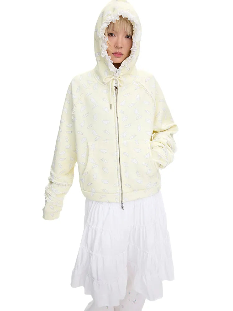 Wing Feather Print Lace-Trim Hoodie【s0000014096】