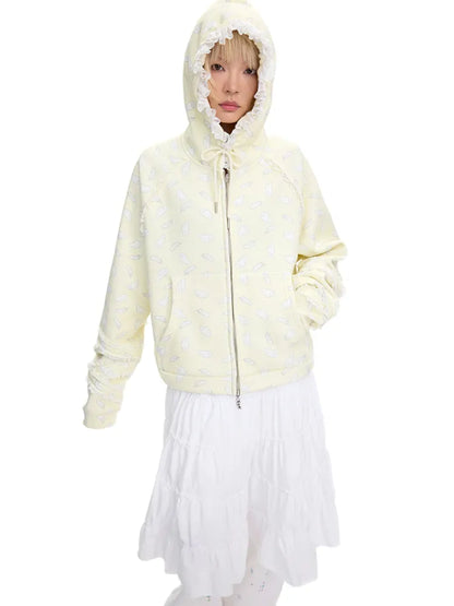 Wing Feather Print Lace-Trim Hoodie【s0000014096】