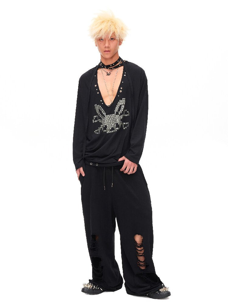 Studded Rabbit Skull Pleated Top【s0000016489】