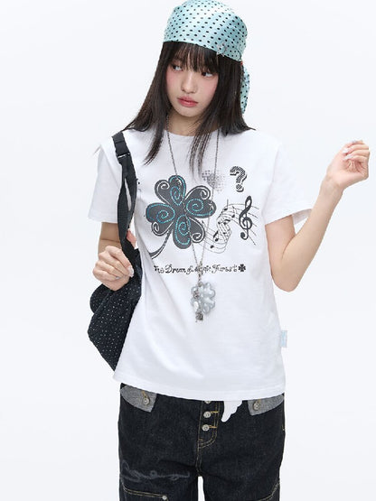 White Melody Shoulder Sleeve T-Shirt【s0000016381】