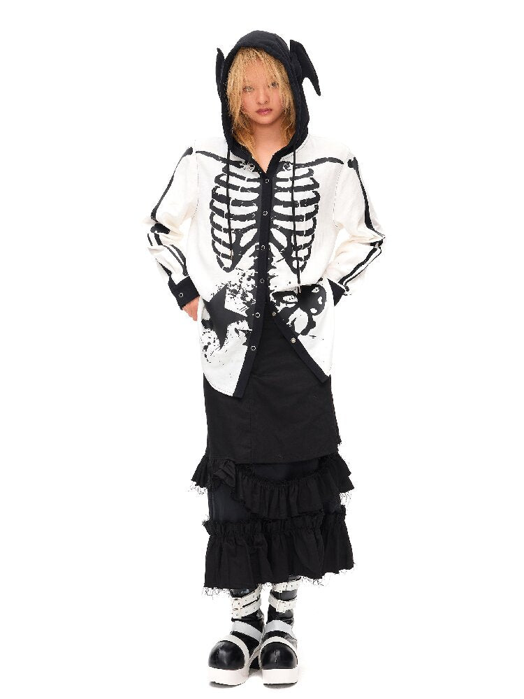 Demon Skeleton Print Hooded Shirt【s0000016054】