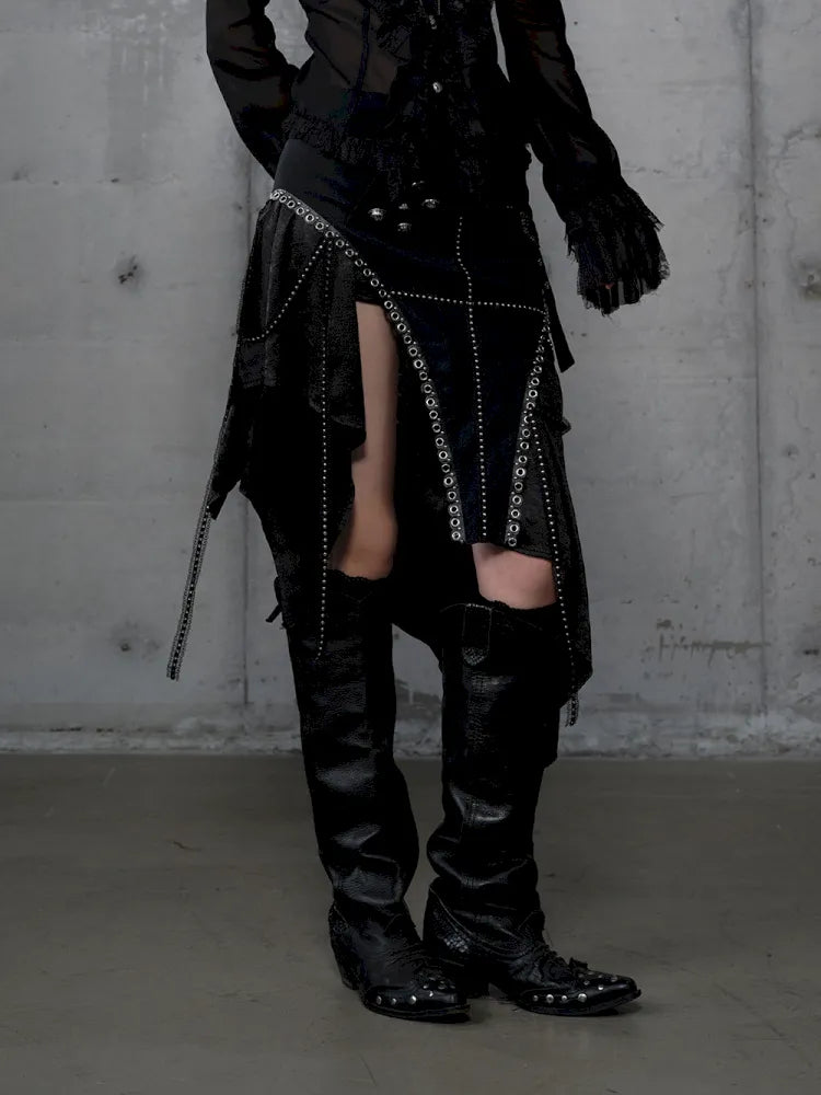 Asymmetric Leather-Satin Skirt【s0000013944】