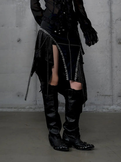 Asymmetric Leather-Satin Skirt【s0000013944】