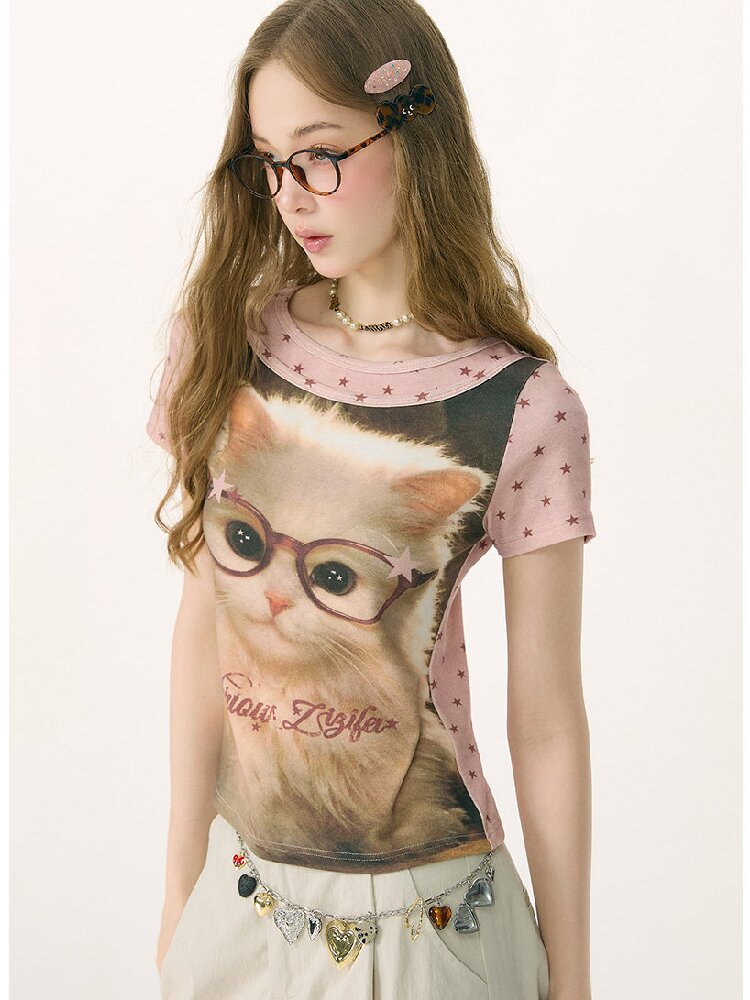 Retro Vintage Cat Print T-Shirt【s0000016855】