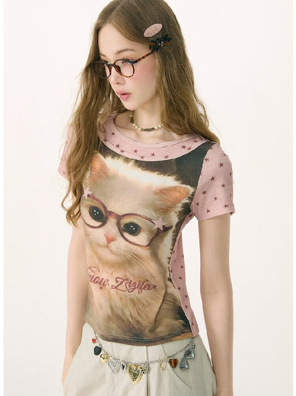 Retro Vintage Cat Print T-Shirt【s0000016855】