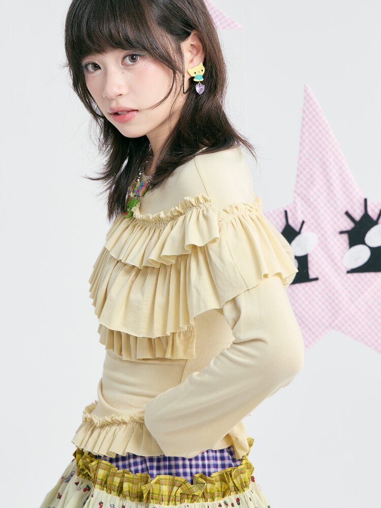 Yellow Pleated Off Shoulder Base T-Shirt【s0000018371】