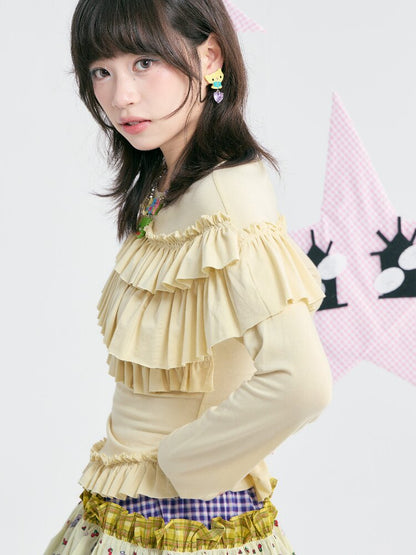 Yellow Pleated Off Shoulder Base T-Shirt【s0000018371】