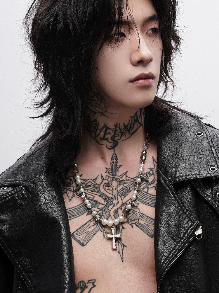 Rivet Cross Pearl Heavy Necklace【s0000018978】