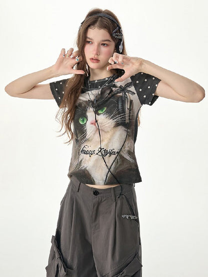 Vintage Polka Dot Cat Print T Shirt【s0000017312】