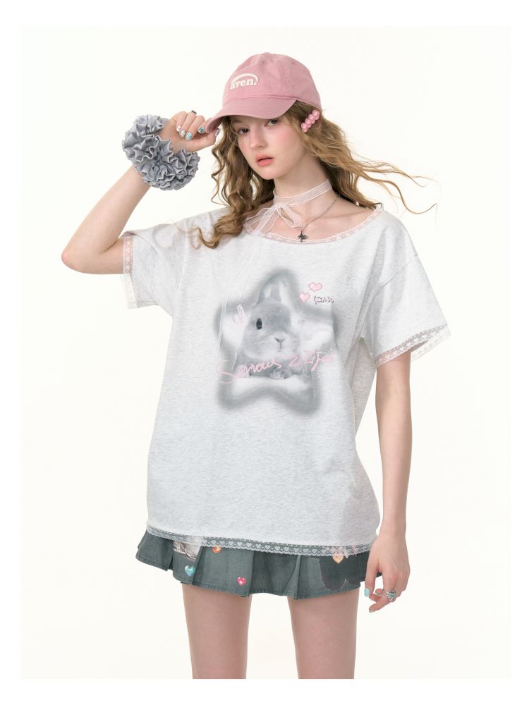 Lace edge large round neck loose short sleeve t-shirt【s0000013373】