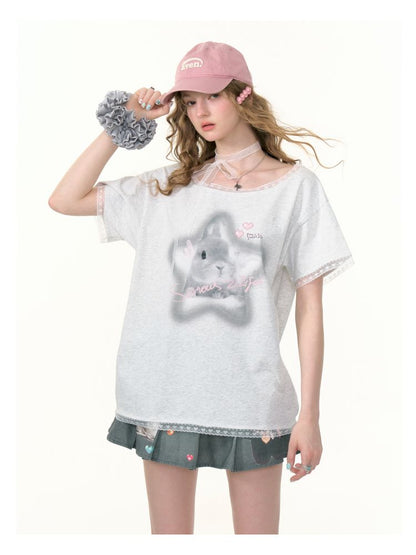Lace edge large round neck loose short sleeve t-shirt【s0000013373】
