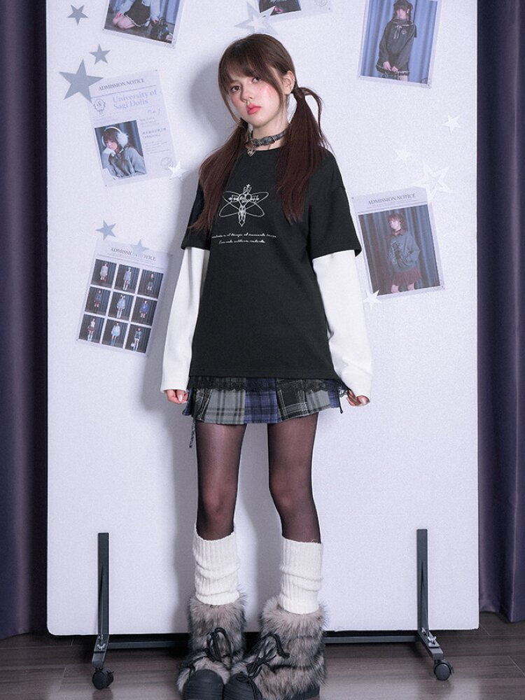 Black White Print Fake Two Shirt【s0000015472】