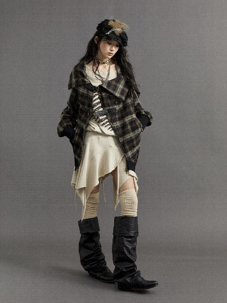 LOOSE PLAID ASYMMETRICAL SWEATER JACKET [S0000010326]