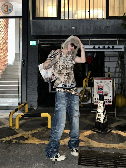 Leopard Slogan Printed V-Neck Tee【s0000018252】