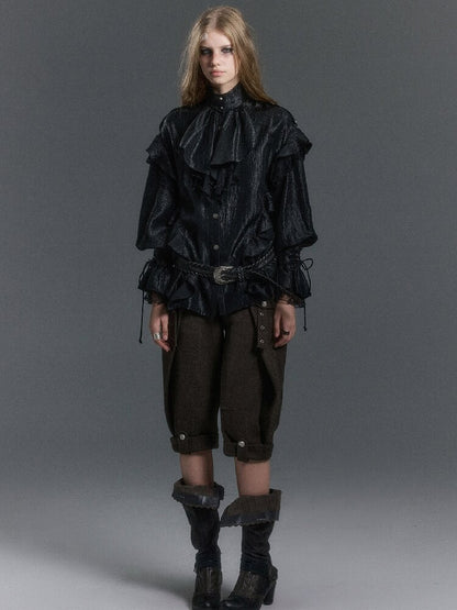 Patchwork Pearlescent Ruffled Stand Collar Shirt【s0000019242】