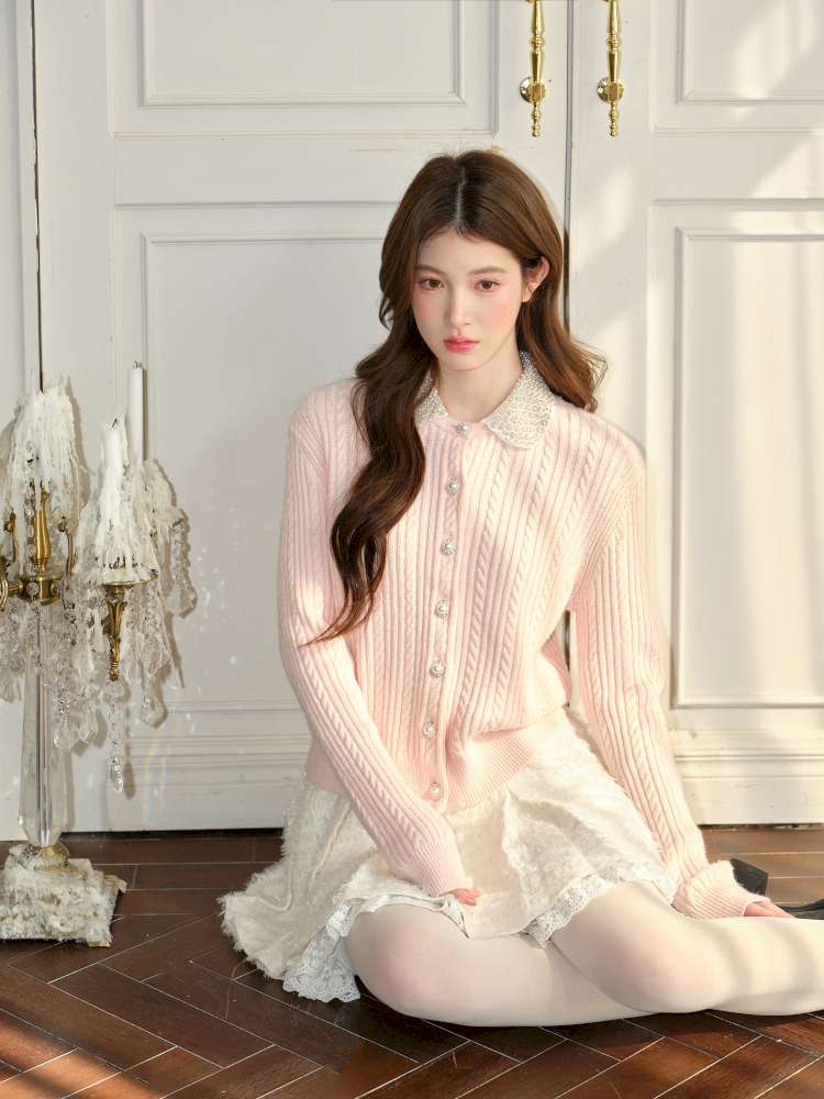 Pink Crochet Diamond Knit Cardigan【s0000015050】