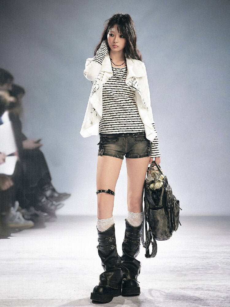 Distressed Metal Buckle Denim Shorts【s0000016285】