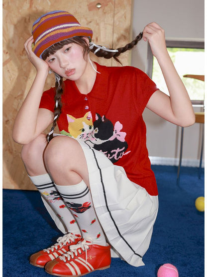 Two-Tone Kitten Knit Short-Sleeve Polo Shirt【s0000013925】