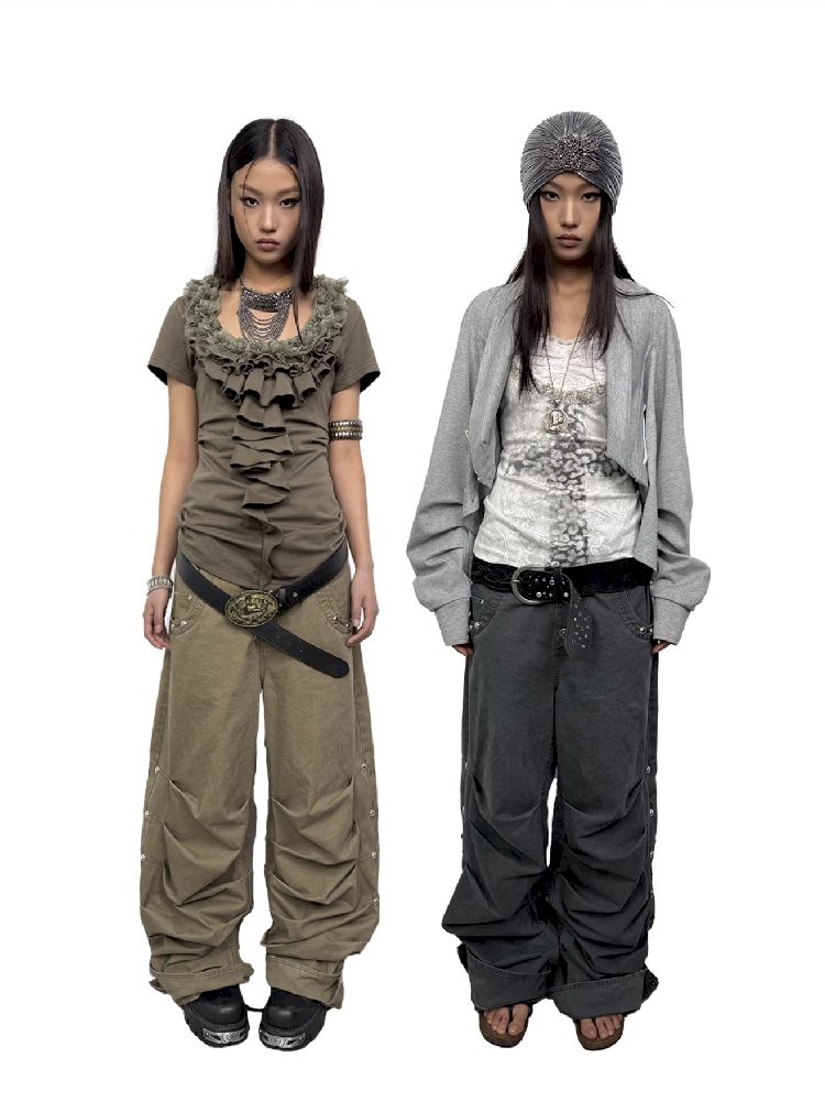 Pleated Studded Washed Cotton Trousers【s0000012211】