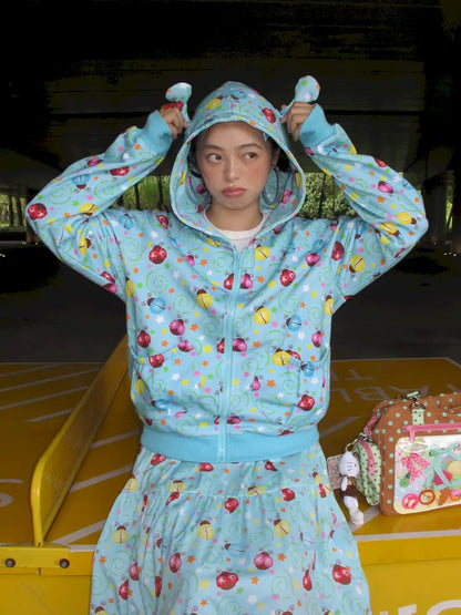 Beetle Print Blue Hoodie and Skirt Set【s0000014193】