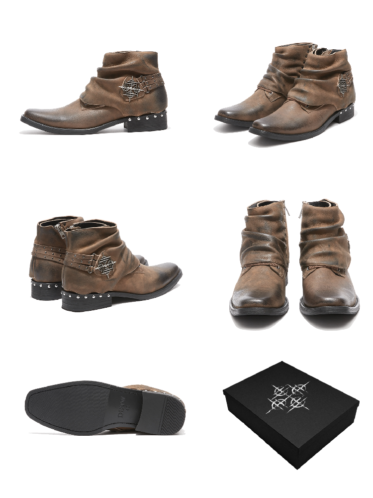Waxed Leather Riveted Square Toe Boots【s0000019125】