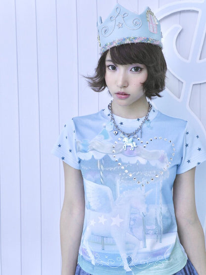 Rhinestone Unicorn Stitching Tee【s0000017132】