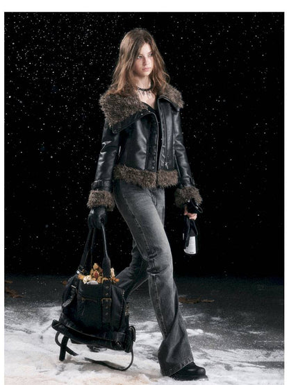 Leather-Trimmed Patchwork Pleated Jeans【s0000014424】