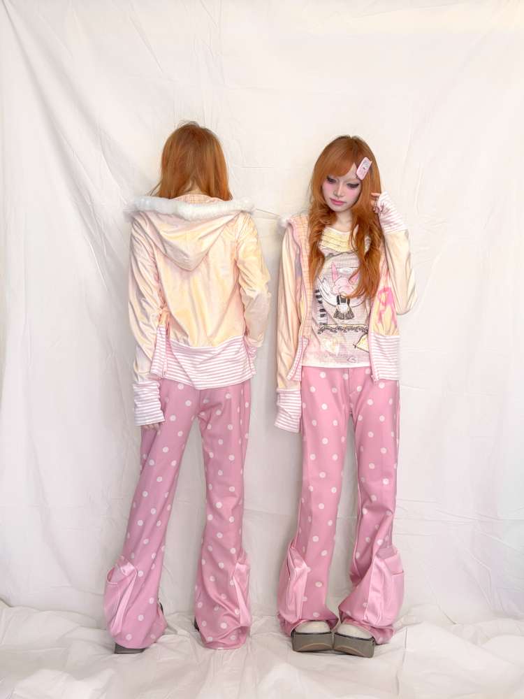 Pink Polka Dot Flared Sweatpants【s0000015401】