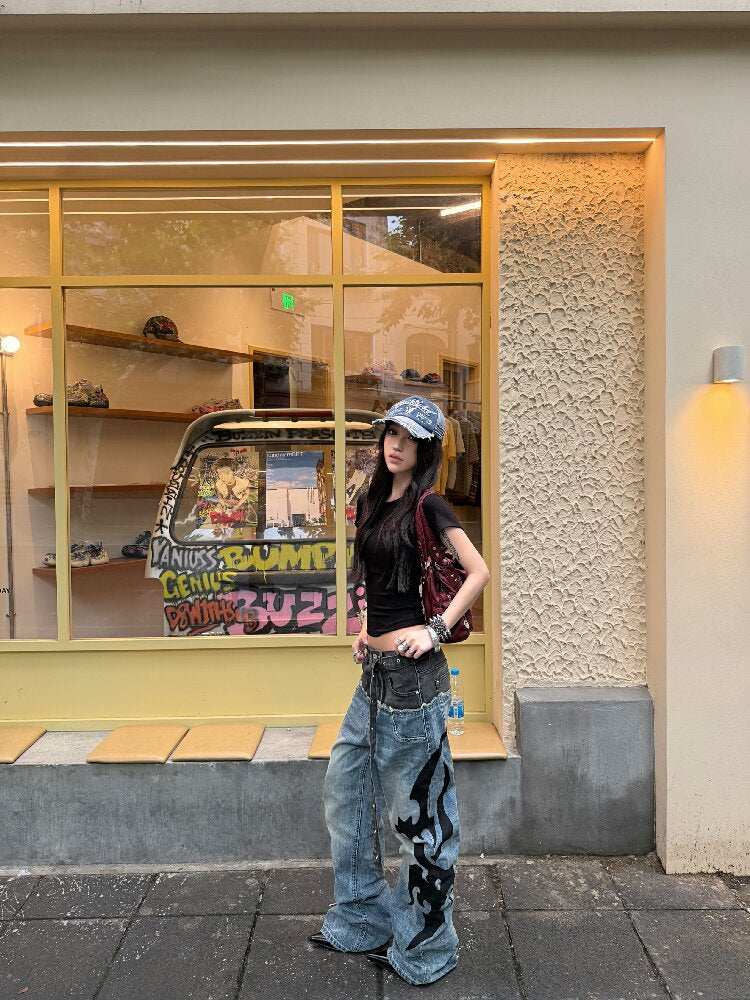 Ribbon Denim Patchwork Wide Jeans【s0000018307】