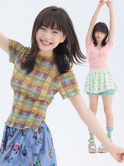 Mesh Plaid Short Sleeve Base Layer【s0000017693】