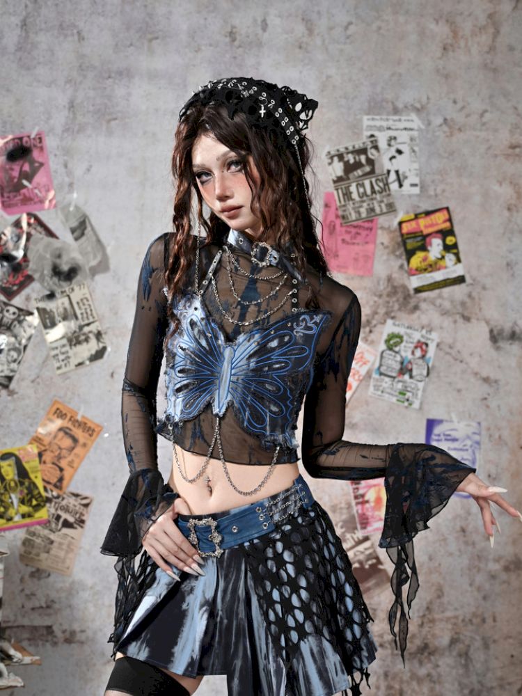 Butterfly Breast Plunge Mesh Bottom Shirt【s0000013506】