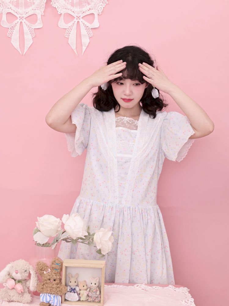 Lace Navy Neck Blue Dress【s0000013495】