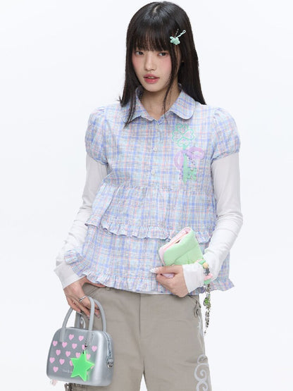 Purple Plaid Lace Short Sleeve Shirt【s0000016405】