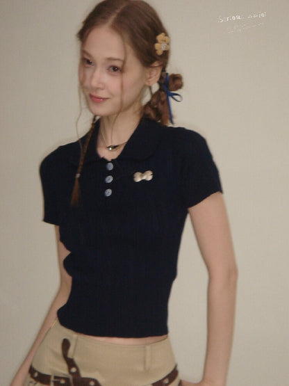 Twist Doll Collar Knitted T-Shirt【s0000016611】