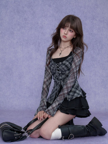 Gray Checkered Tie Wide Neckline Top【s0000017281】