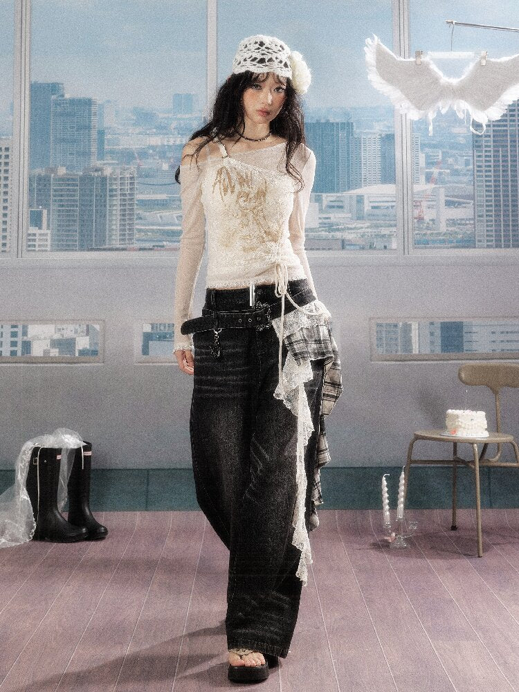 Plaid Ruffled Wide Leg Jeans【s0000016268】
