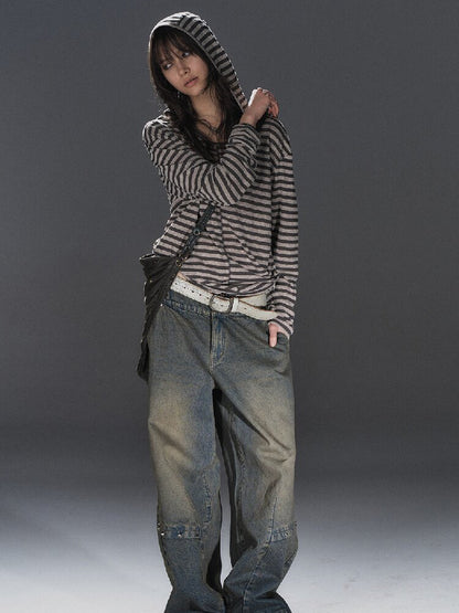 Striped Hooded Punk Long T Shirt【s0000016242】